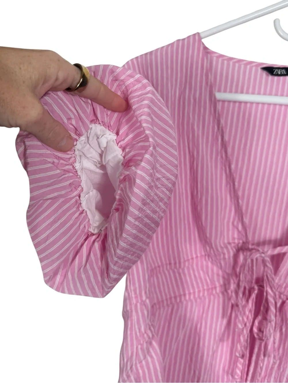 Zara Pink & White Stripe Tie Front Puff Sleeve Blouse, Size Large